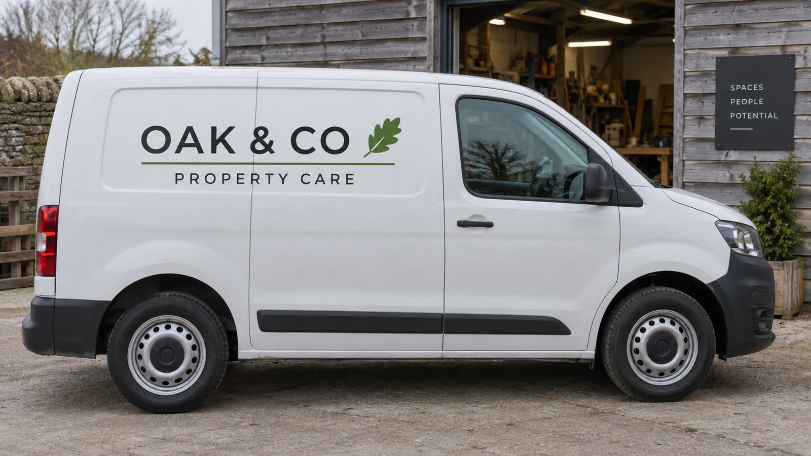 White van with restrained fictional OAK & CO property-care lettering