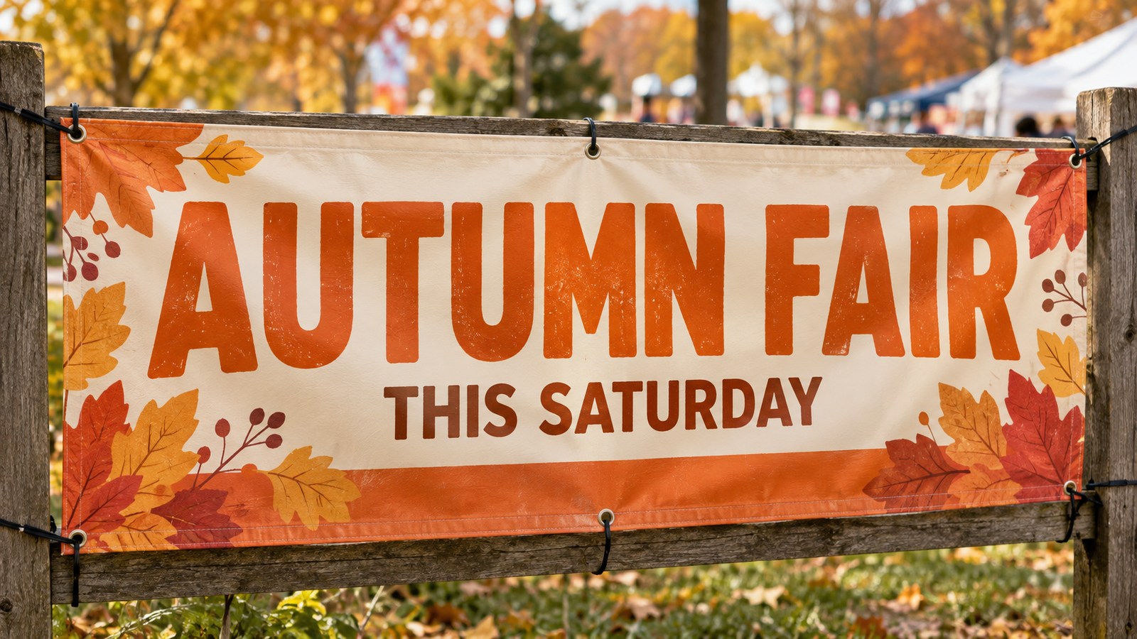Illustrative autumn fair banner fastened to a fence