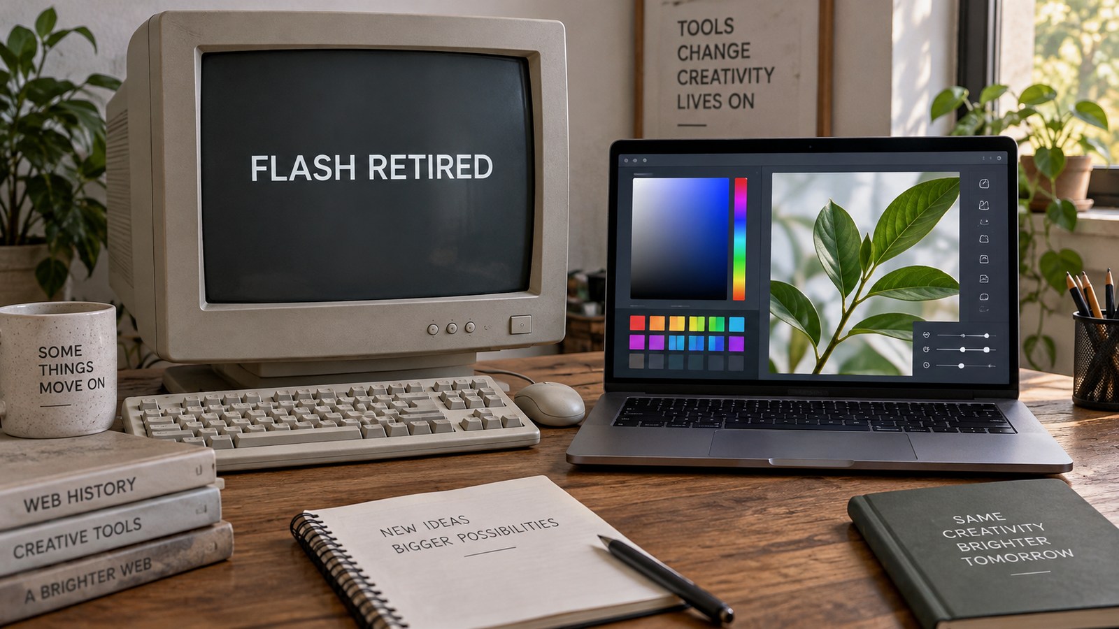 Original photographic-looking editorial concept: old desktop monitor with a red plugin window reading 'FLASH' and small 'RETIRED', next to a modern laptop showing an active interactive colour selector with a cursor choosing one option