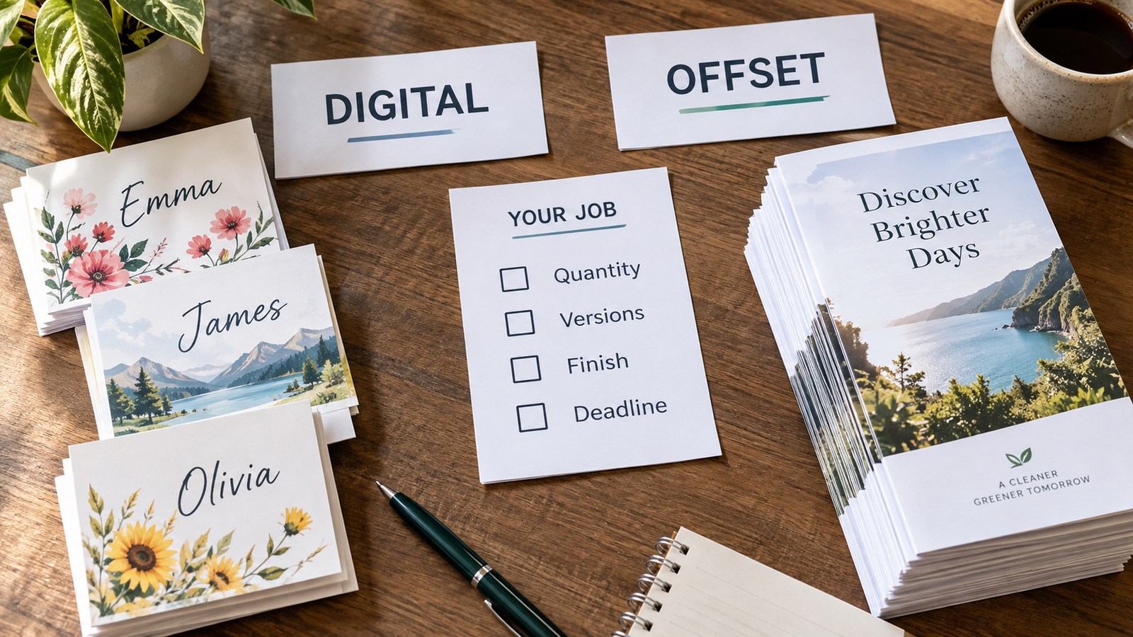 Personalised cards and identical leaflets beside digital and offset print planning cards