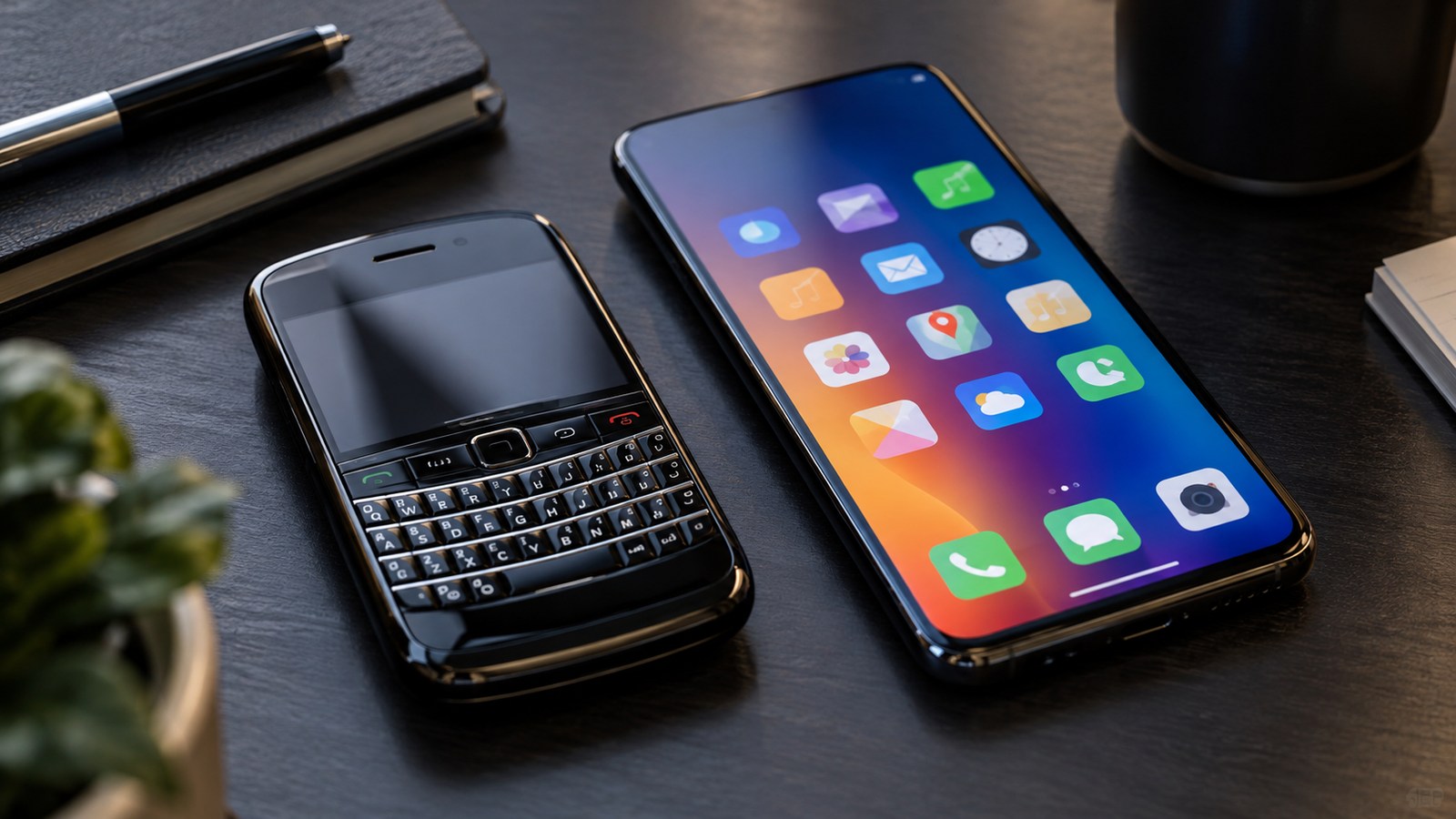 Conceptual comparison of a physical-keyboard business phone and a full-touchscreen phone