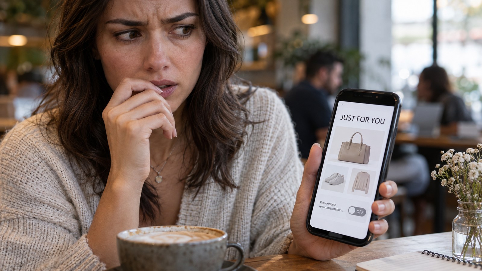 Fictional phone user uneasy about a personalised shopping recommendation