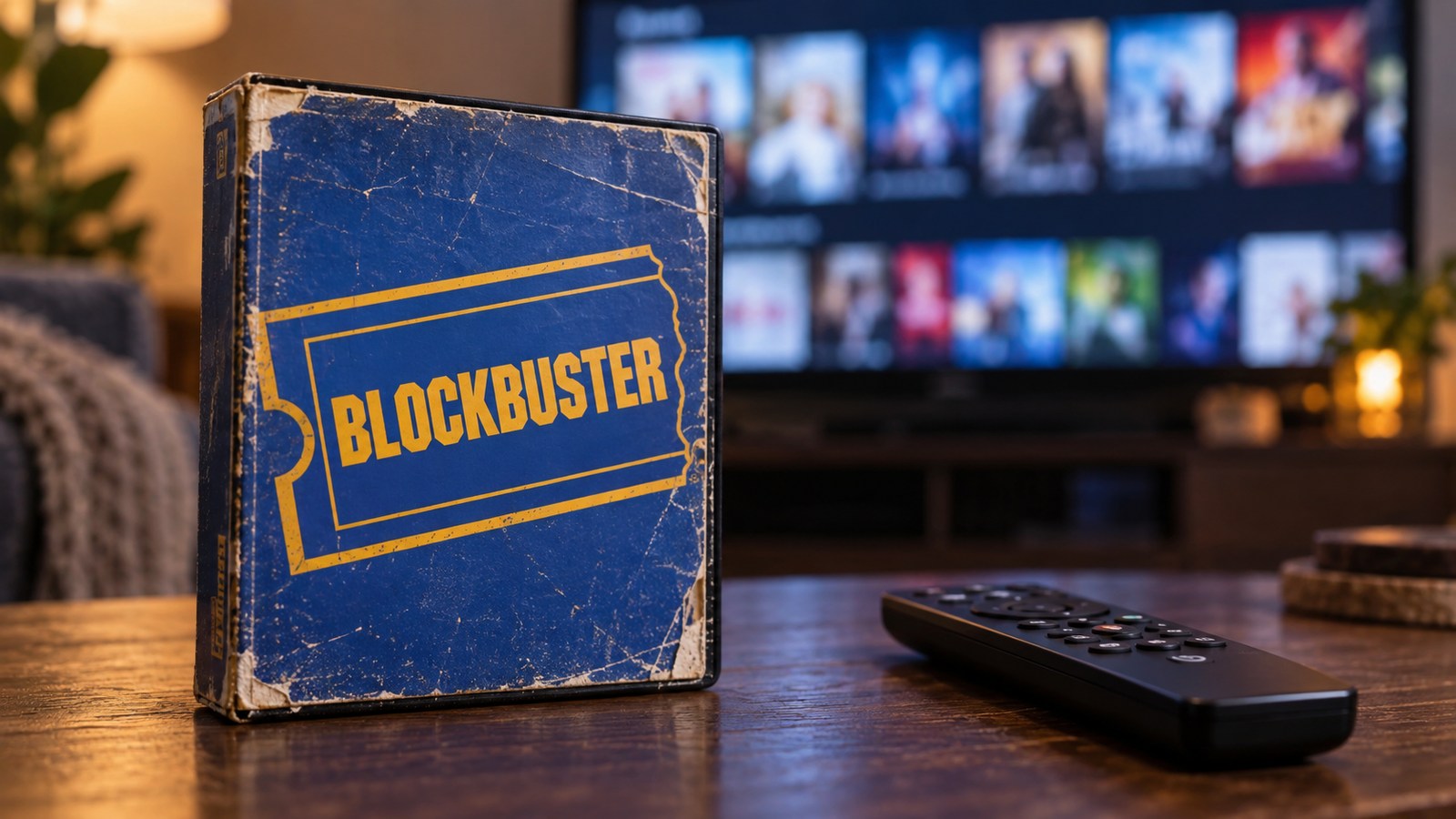 Conceptual Blockbuster rental case beside a streaming television