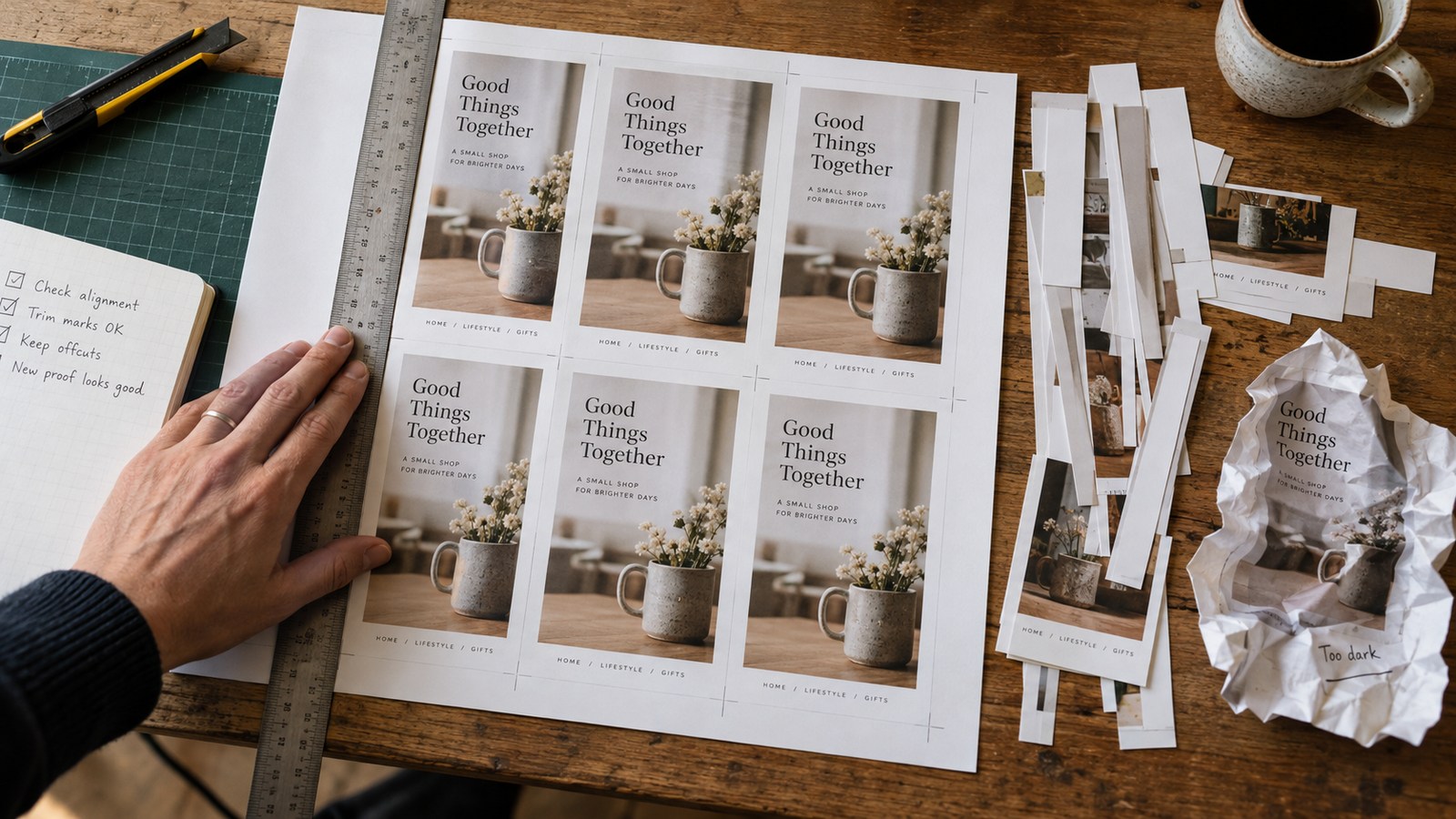 Fictional print proofs arranged carefully beside trimmed offcuts and a rejected draft
