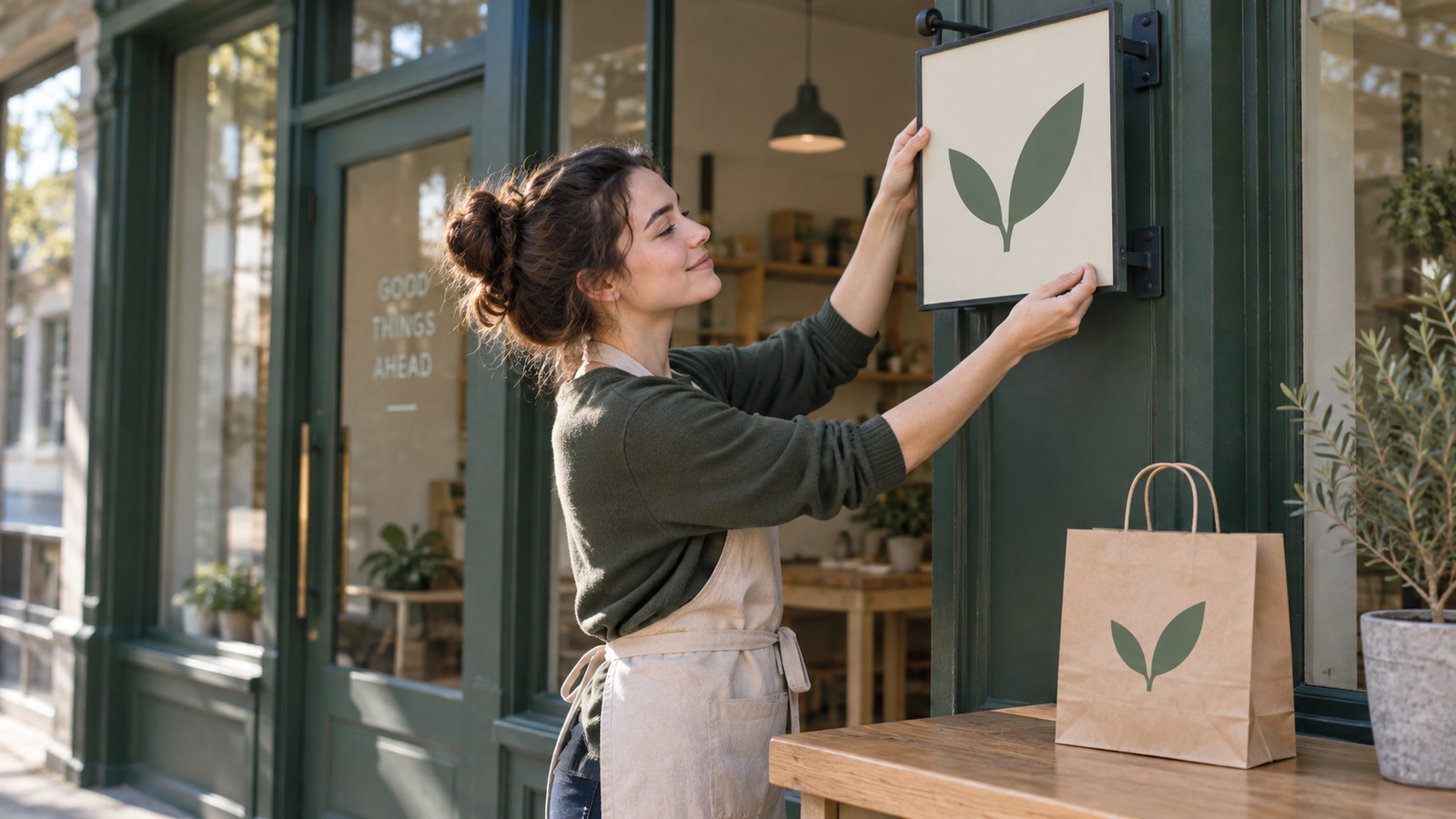 Fictional shop founder placing a new visual identity on a sign and matching bag