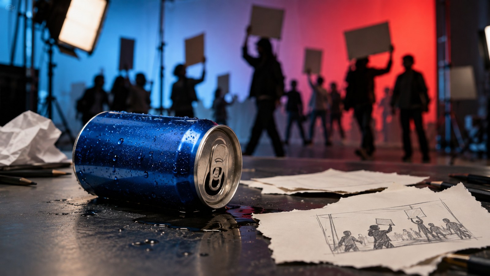 Conceptual unbranded cola can beside a staged protest-advertising storyboard