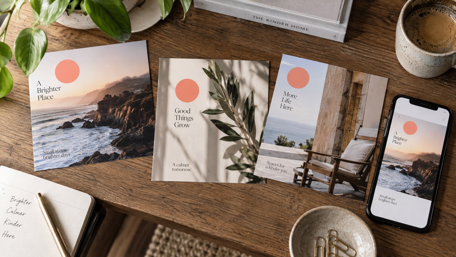 Different fictional social-post mockups share one consistent visual mark