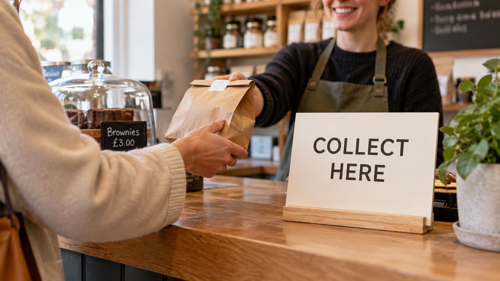 Fictional shopper collects an item at a clearly labelled shop counter