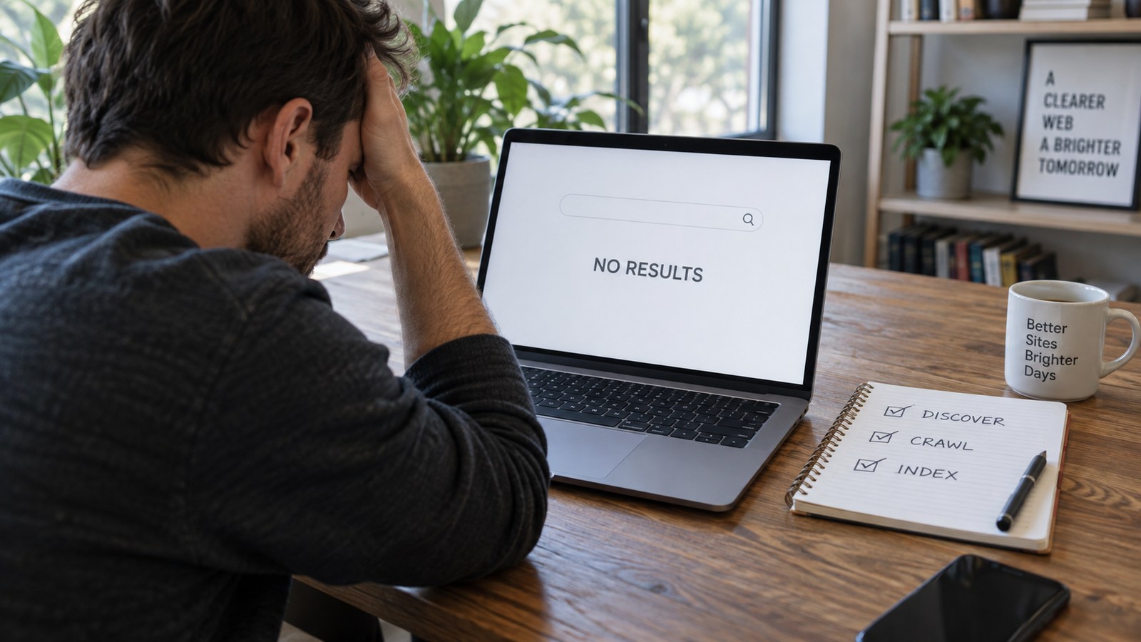Fictional website owner checks an unsuccessful search beside an indexing checklist