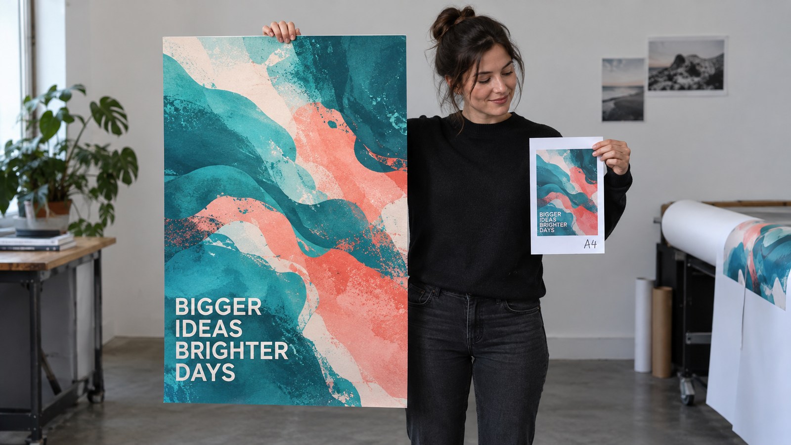 Fictional designer compares a large poster with a small printed sheet