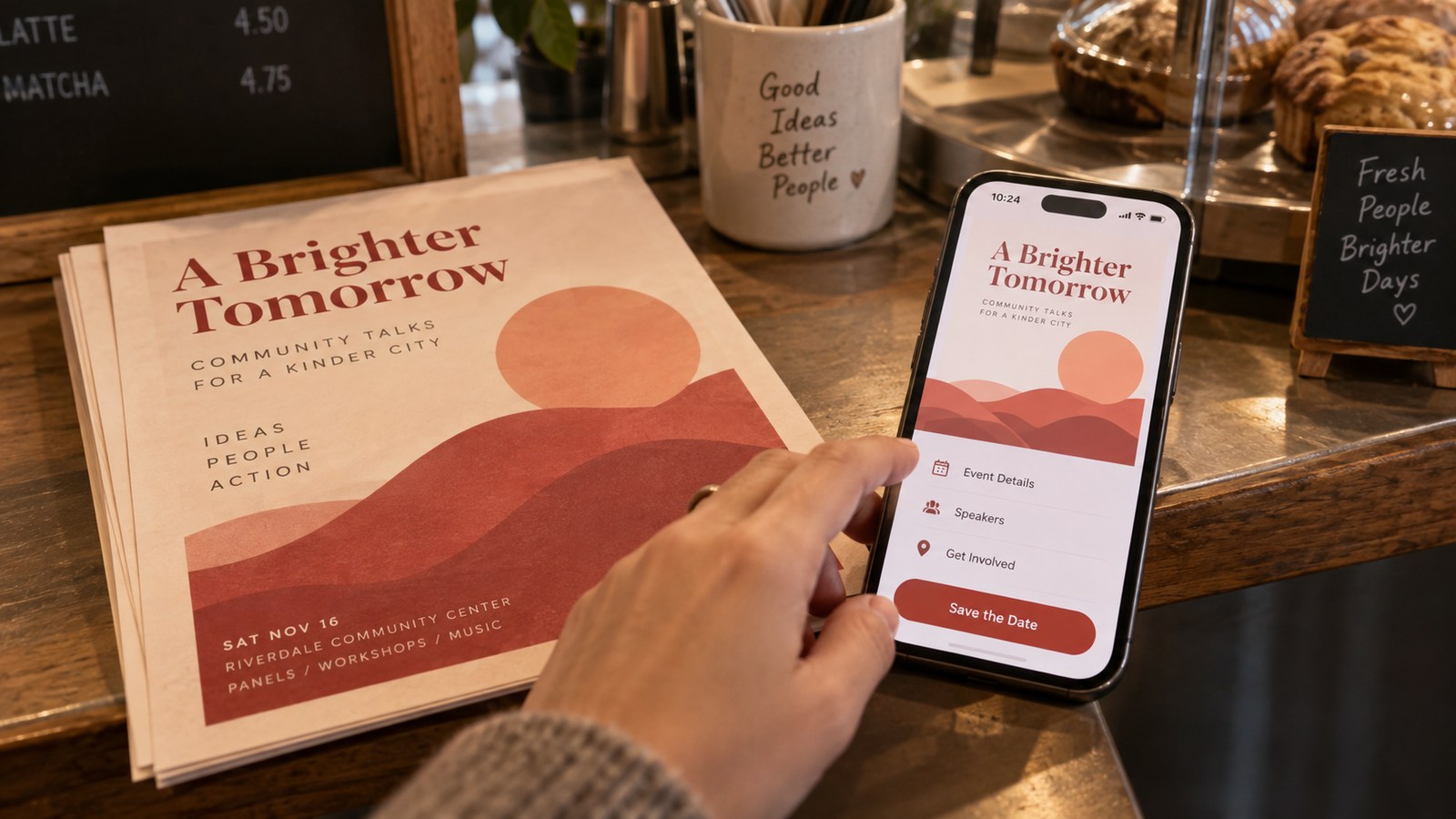 Fictional printed event flyer and matching phone page