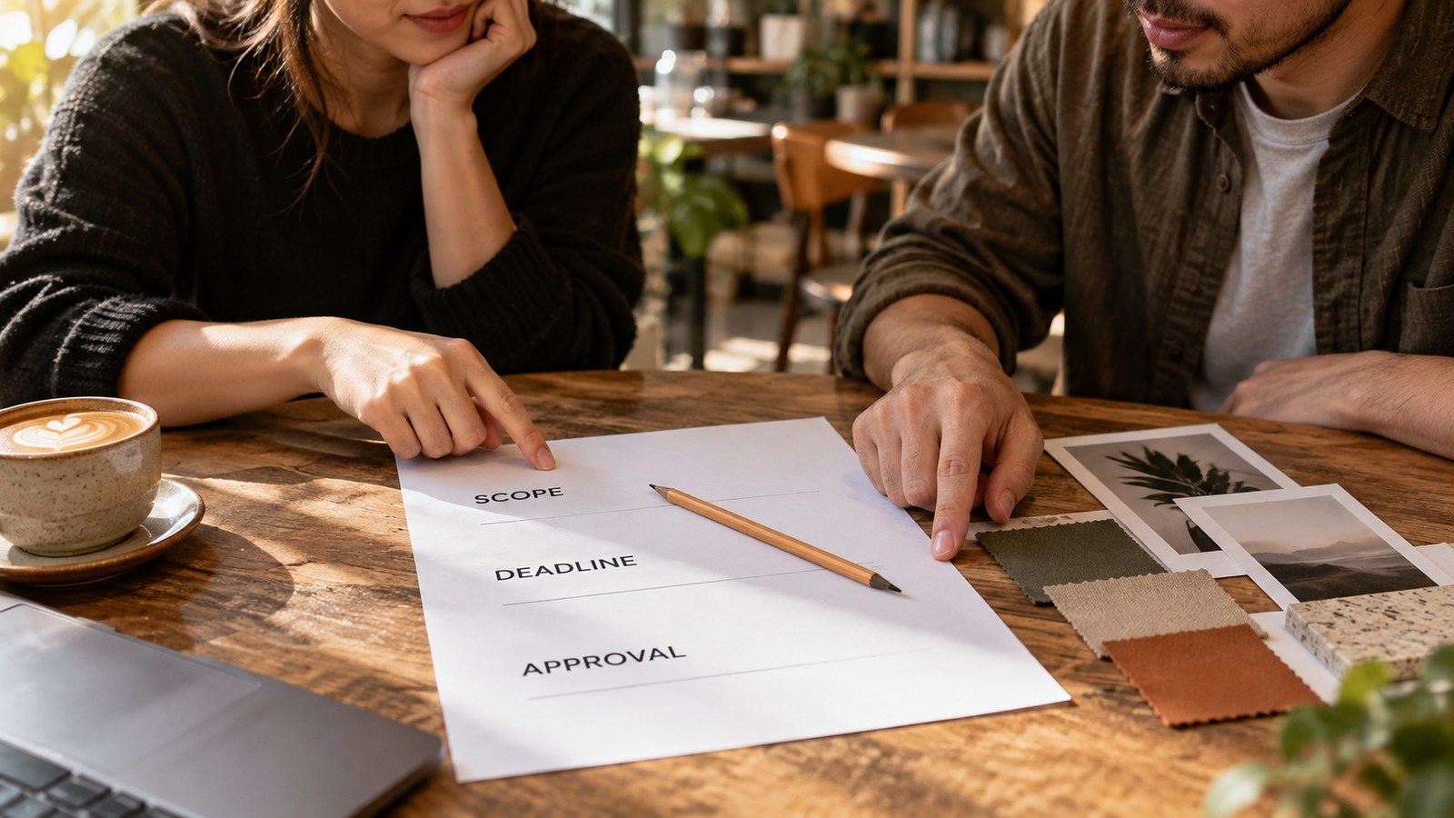 Fictional designer and buyer agree scope deadline and approval before artwork