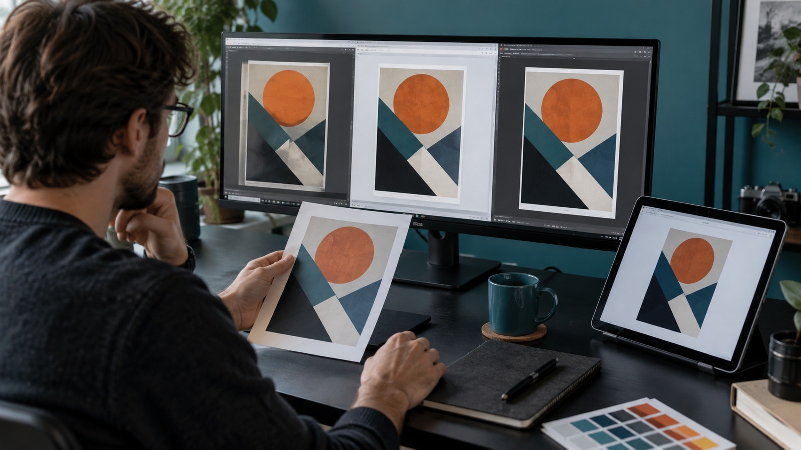 Fictional designer compares the same artwork across generic software and devices