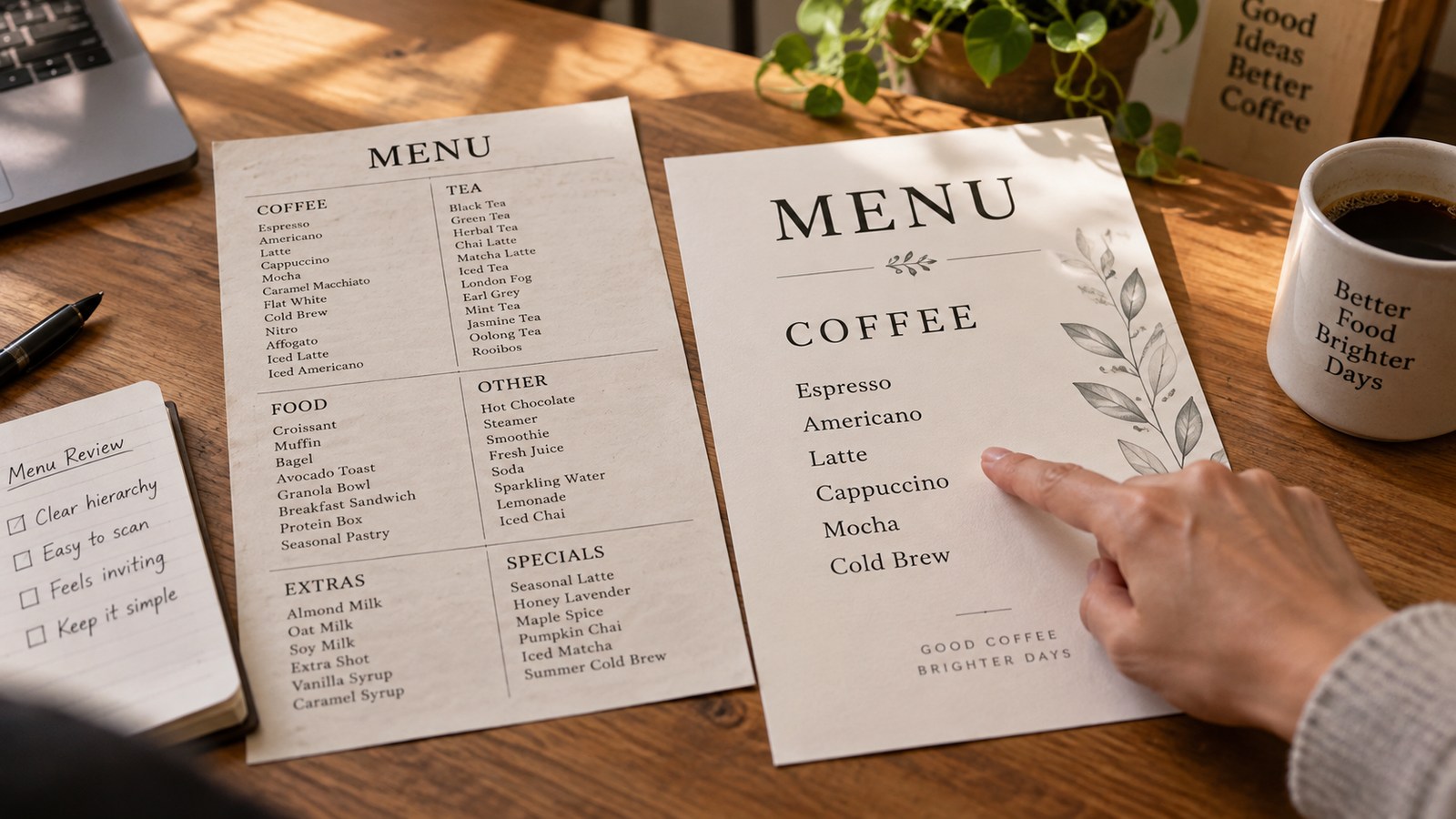 Fictional menu proofs contrast cluttered and clear information hierarchy