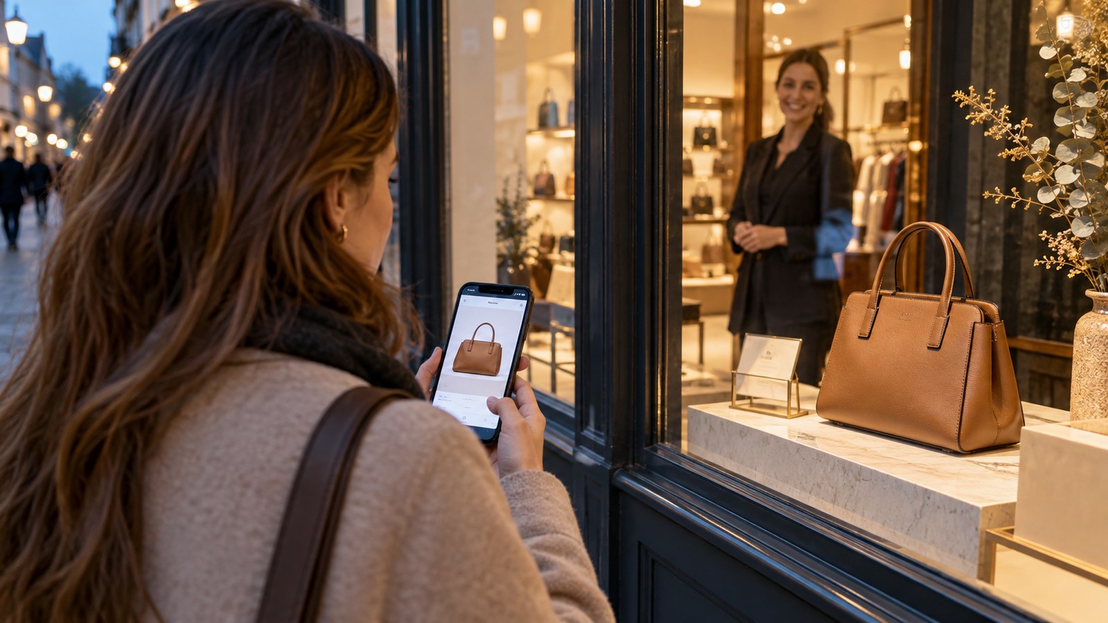 Fictional shopper compares a phone product image with an item in a shop window
