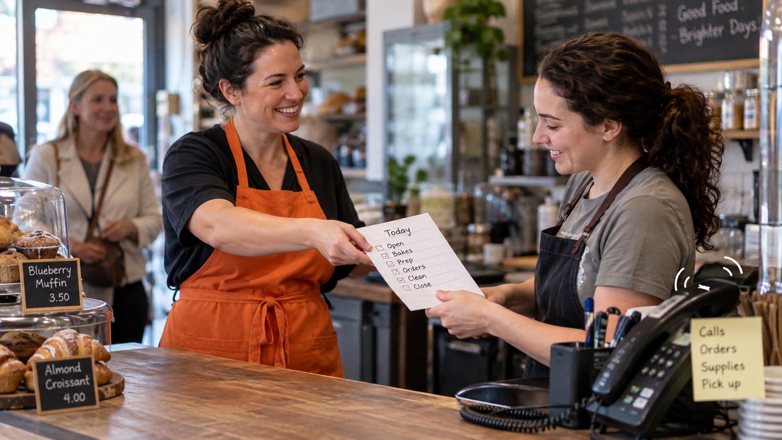 Fictional shop owner shares a task checklist with a colleague