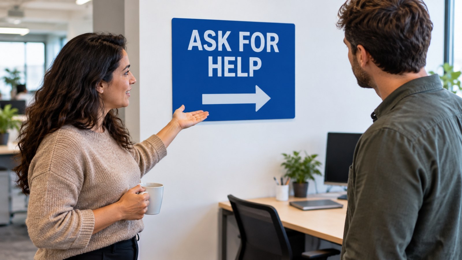 Two people discussing the meaning of a workplace information sign
