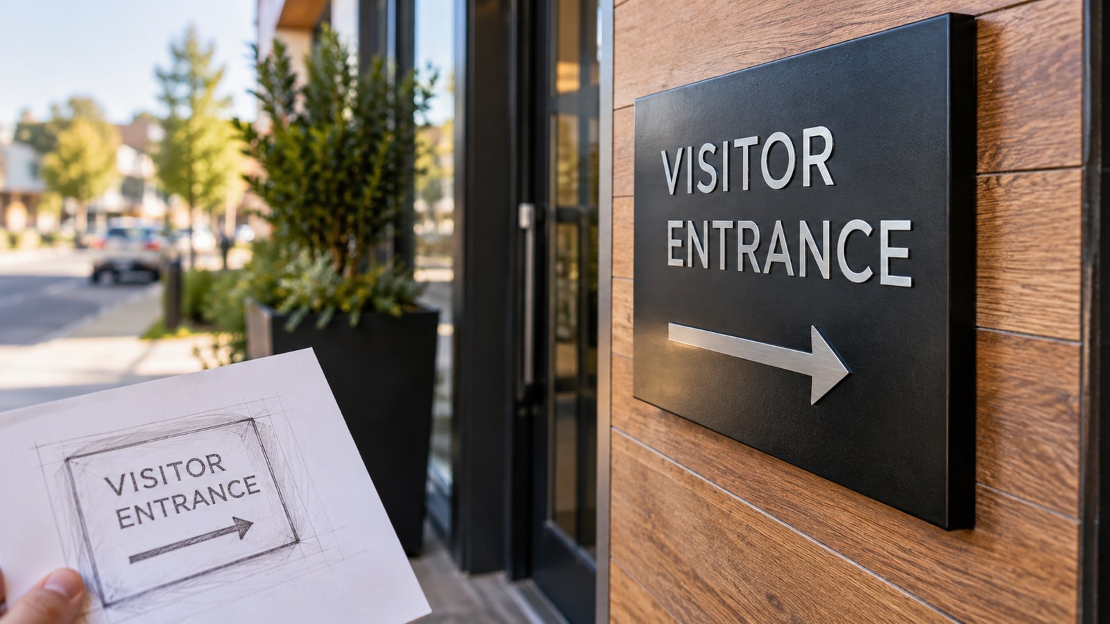 A custom visitor-entrance direction sign beside private premises