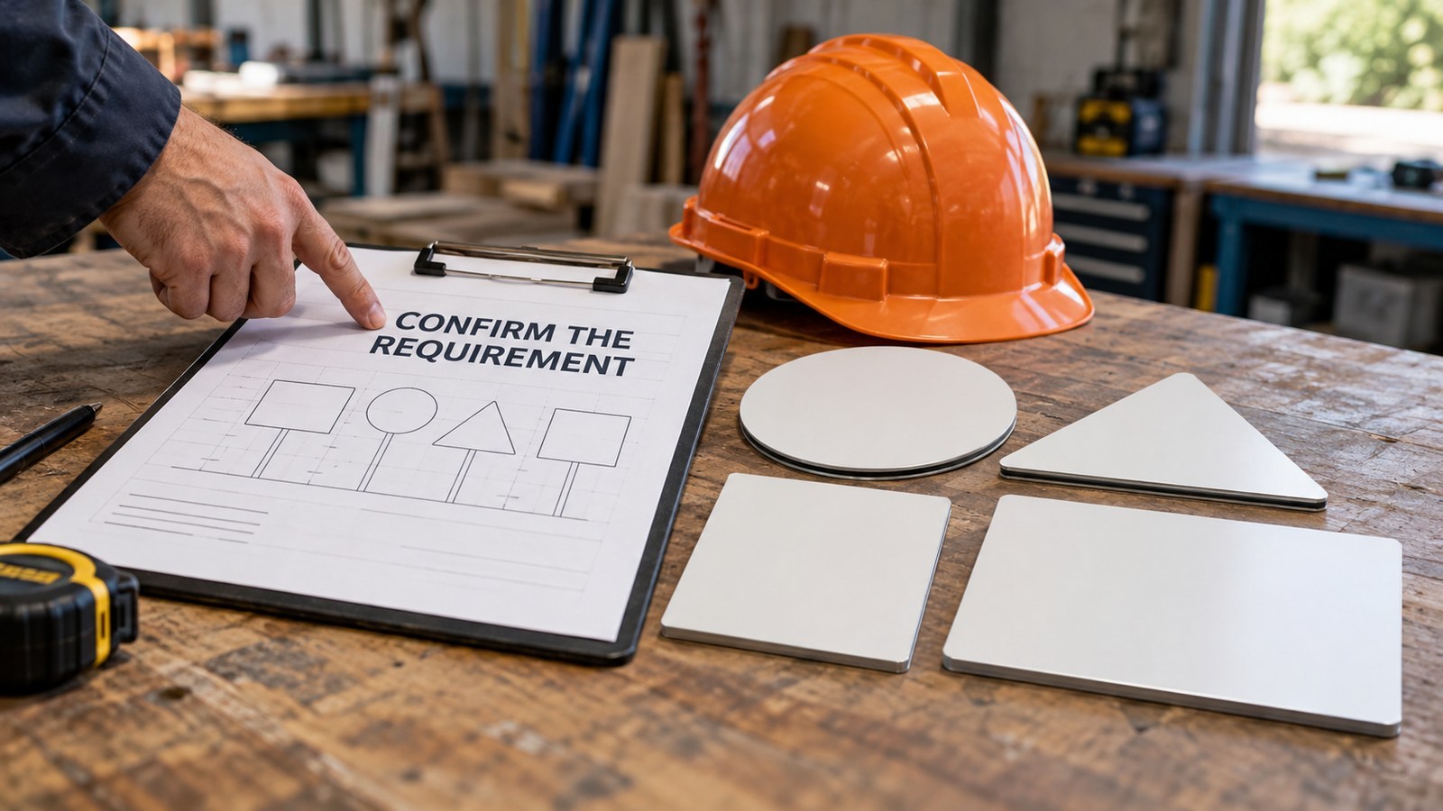 A workplace sign-planning brief beside blank samples and a helmet