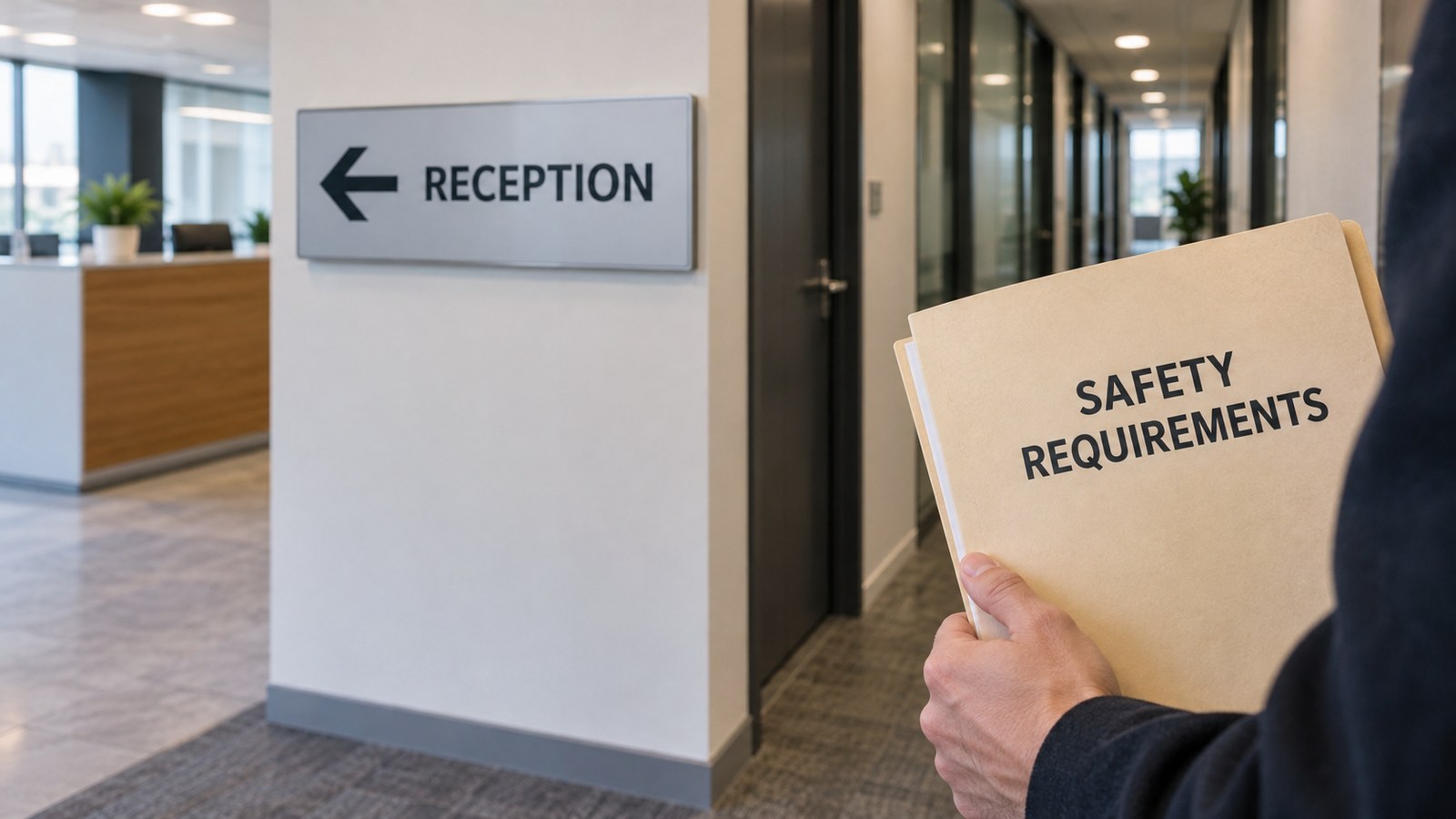 A reception direction sign beside a separate safety-requirements brief