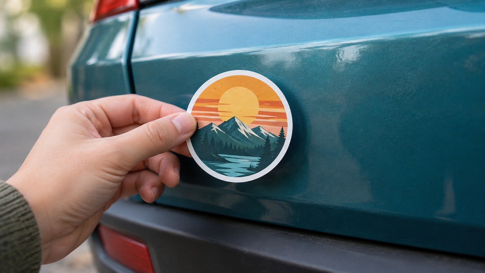 Holding an original sun-and-mountain sticker near a car bumper