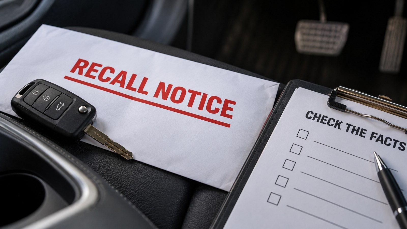 A conceptual recall notice beside a car key and a facts checklist