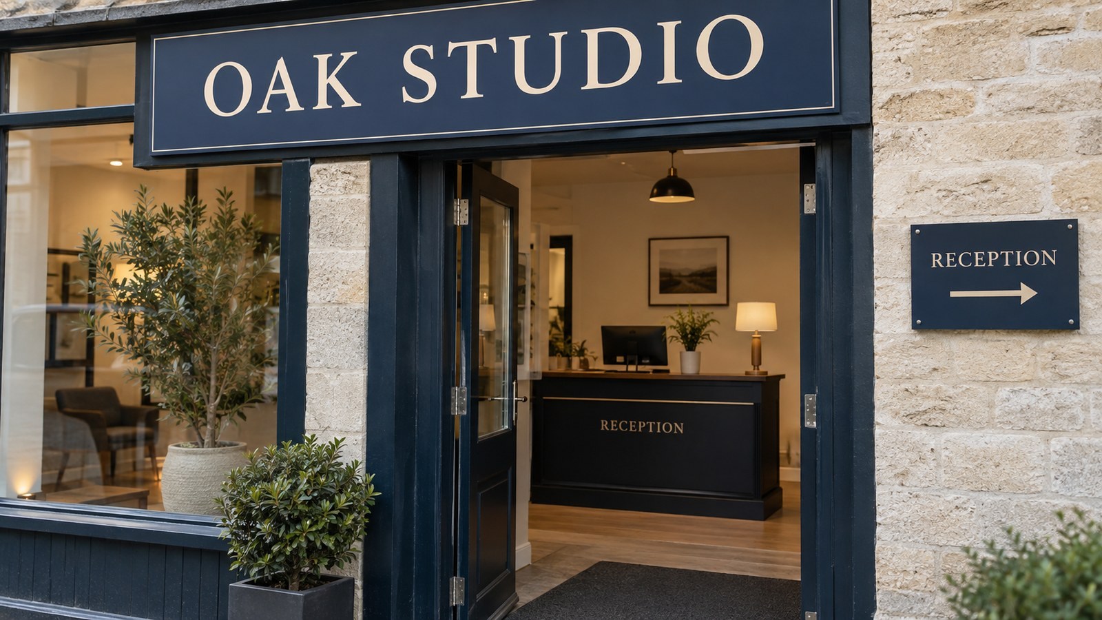 Matching exterior, entrance and reception signs along a visitor route