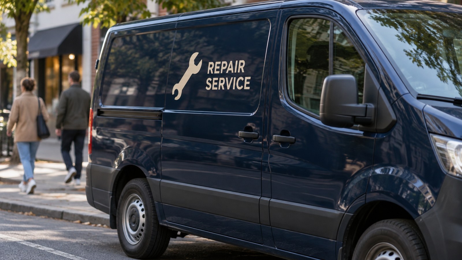 Clear small repair-service lettering on a parked van