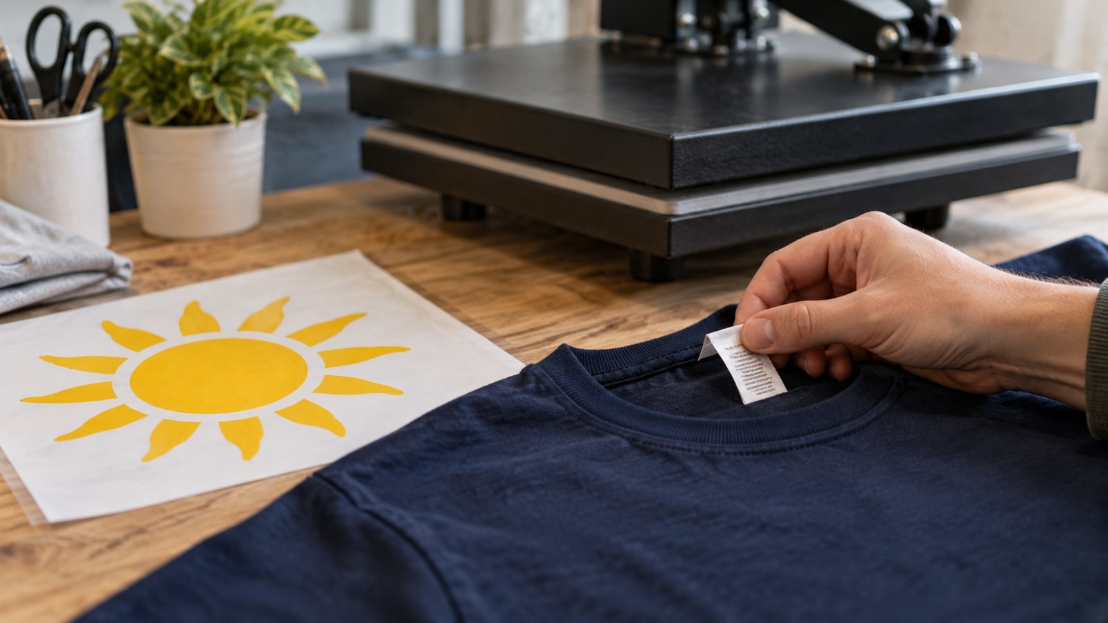 Checking a garment label beside a T-shirt and proposed print design