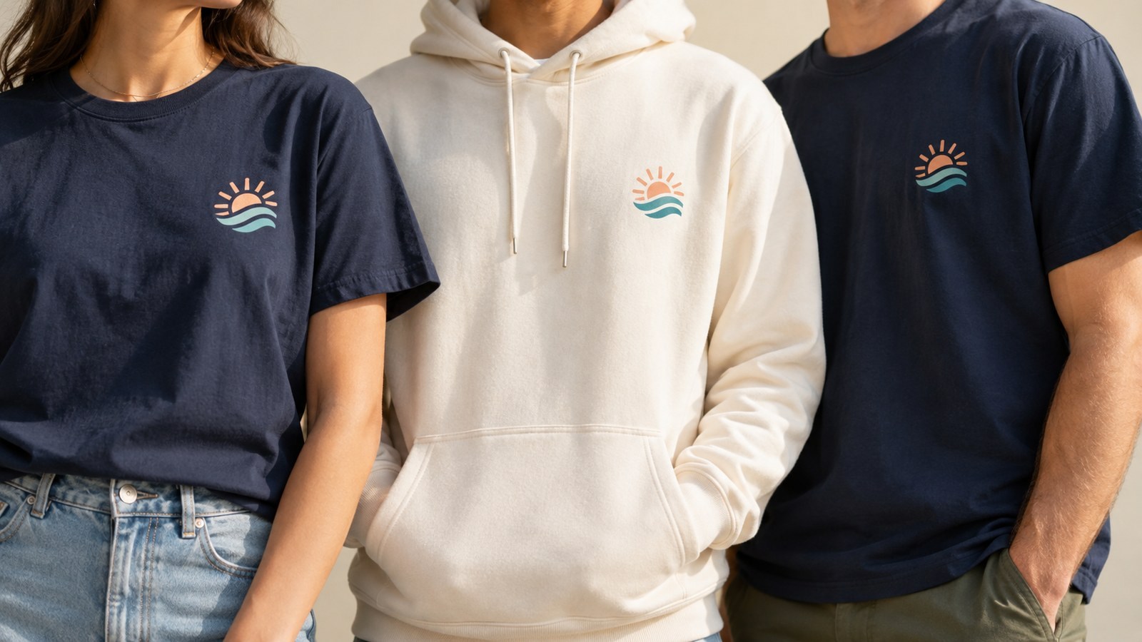Coordinated T-shirts and a hoodie carrying the same original chest design