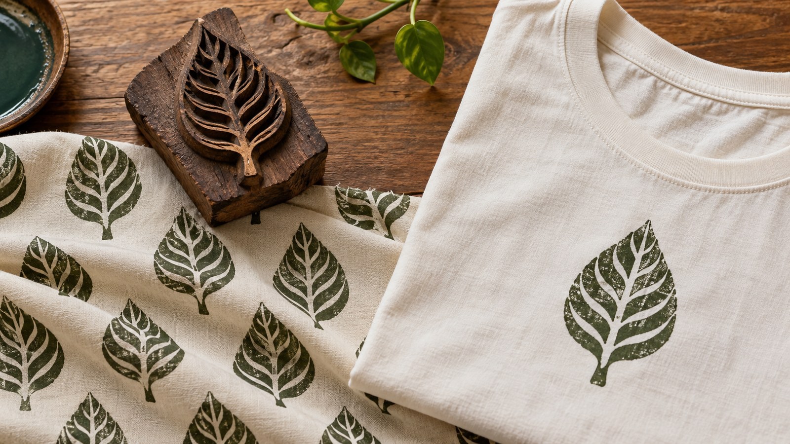 A block-print motif on patterned fabric compared with a single garment print