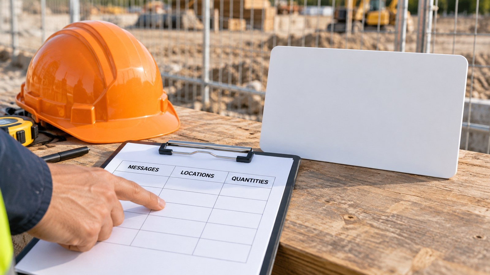 A construction sign schedule being planned beside blank samples