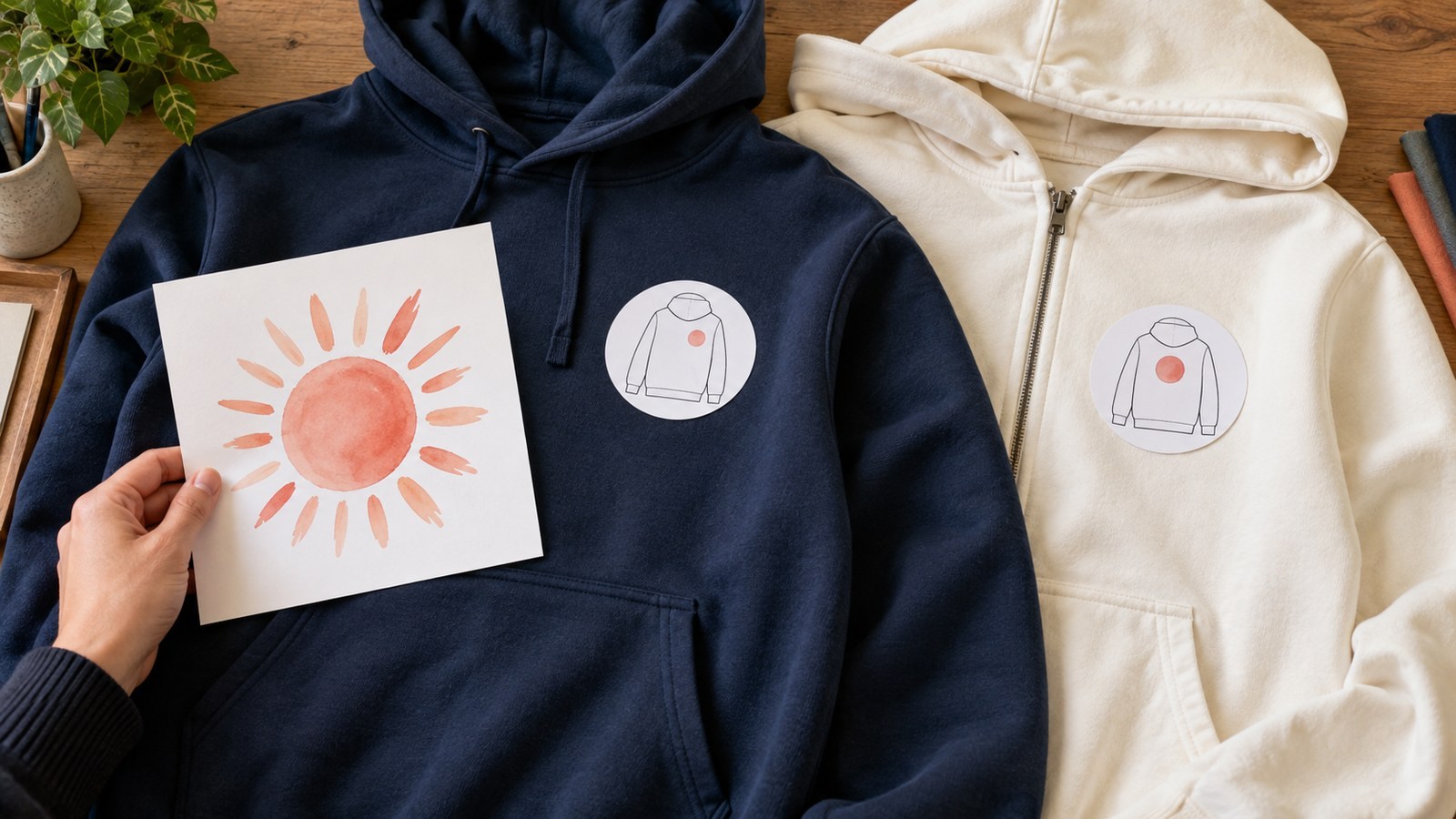Comparing pullover and zipped hoodies while planning artwork positions