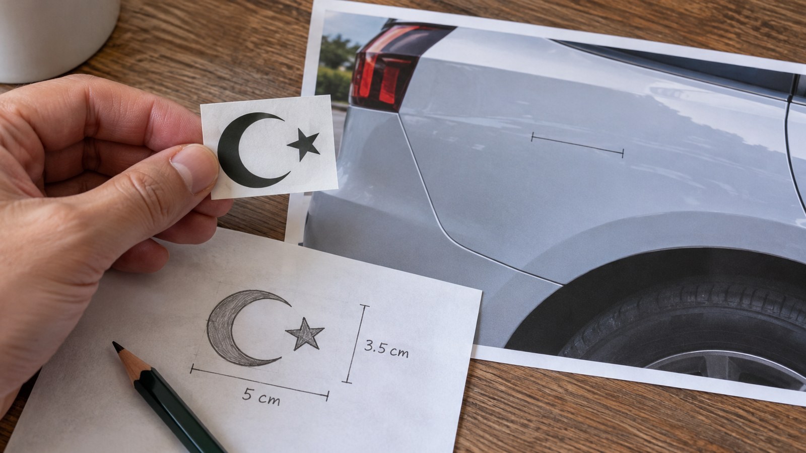 Planning a small original car sticker against a panel photograph