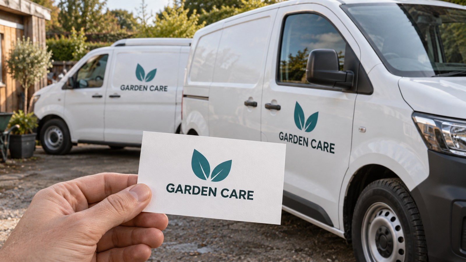Matching small van graphics and a business card carrying one identity