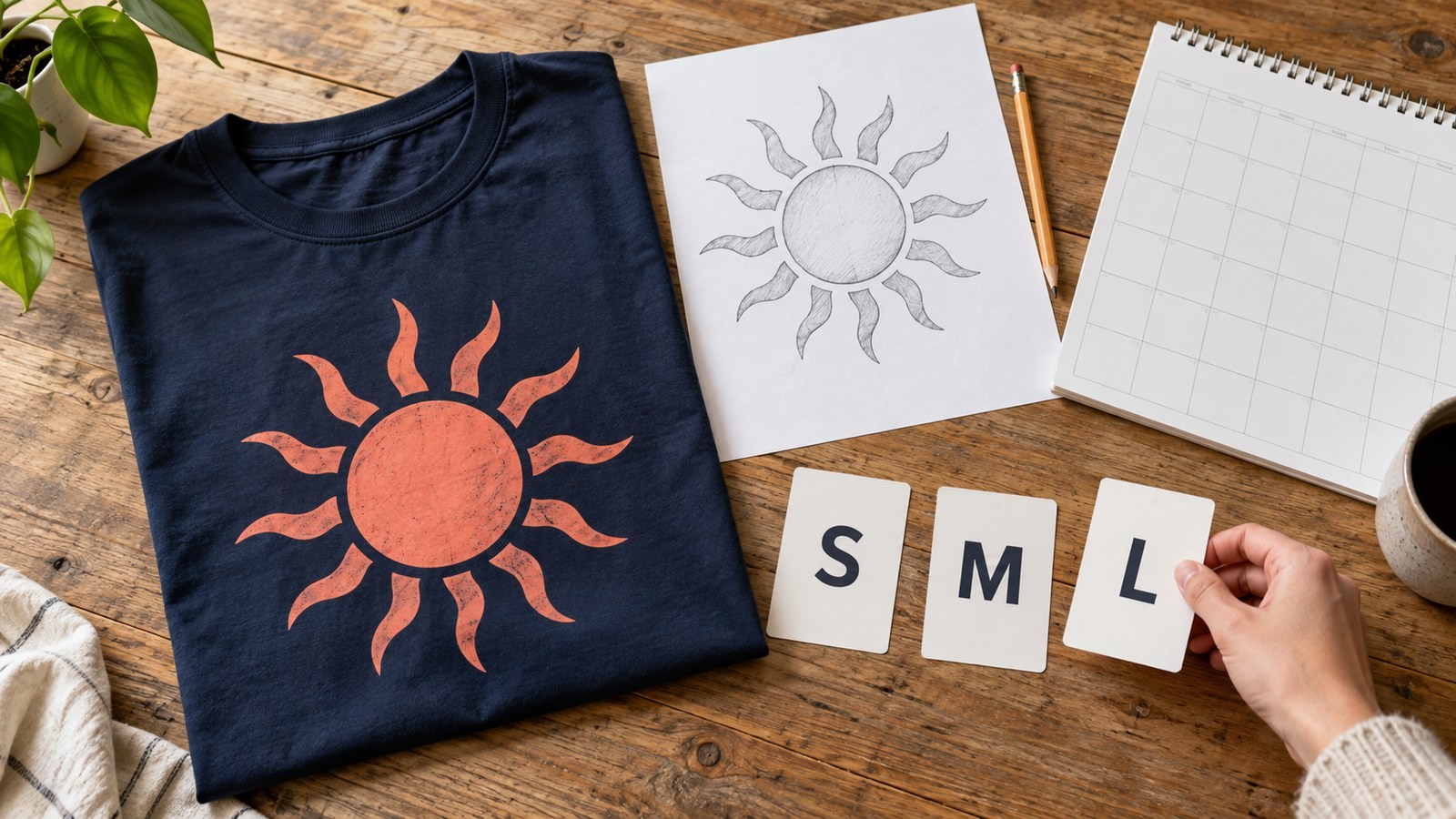 A T-shirt design beside its sketch and size-planning cards