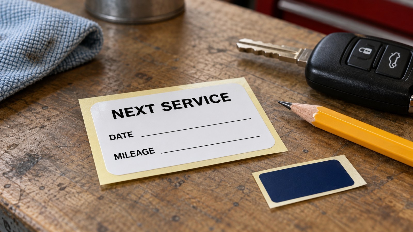 A garage reminder label with blank date and mileage fields