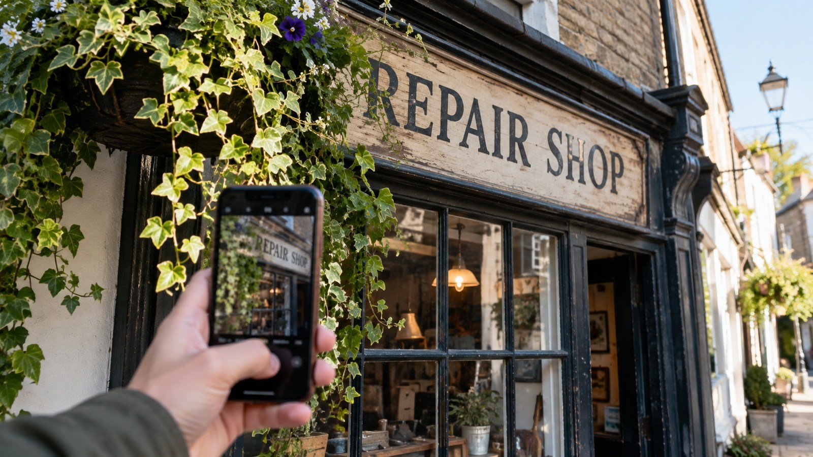 Photographing a partly obstructed shop sign from the pedestrian approach