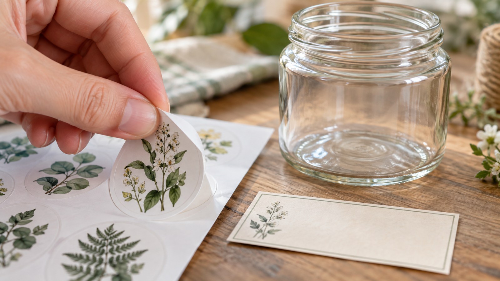 Hand peeling a botanical sticker from its backing beside a glass jar