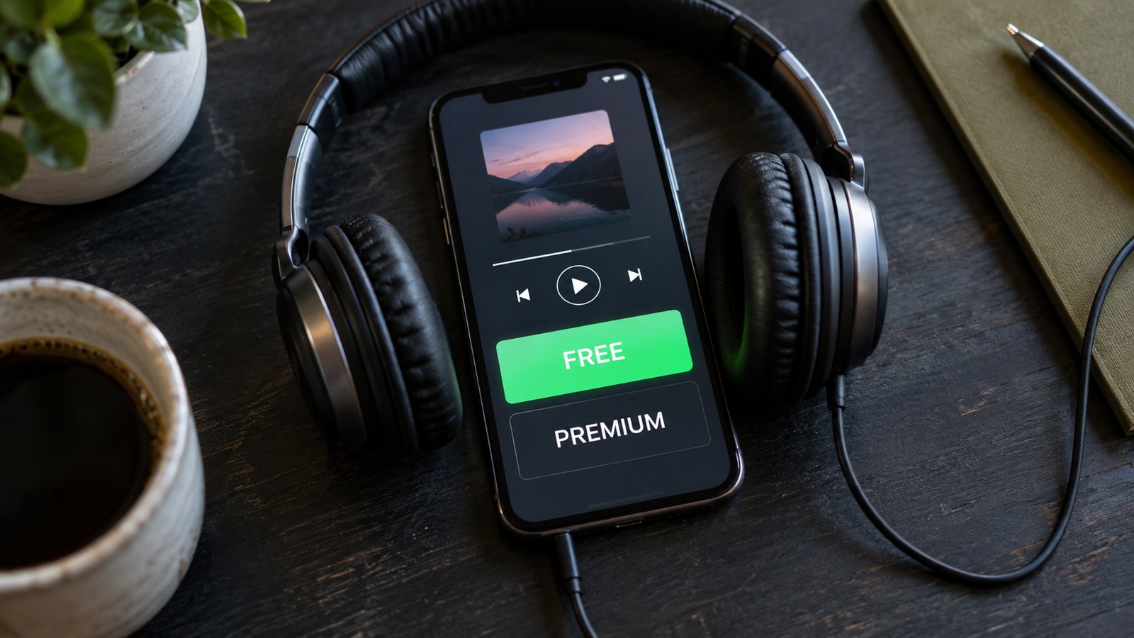 Concept music interface showing free and premium choices inside headphones