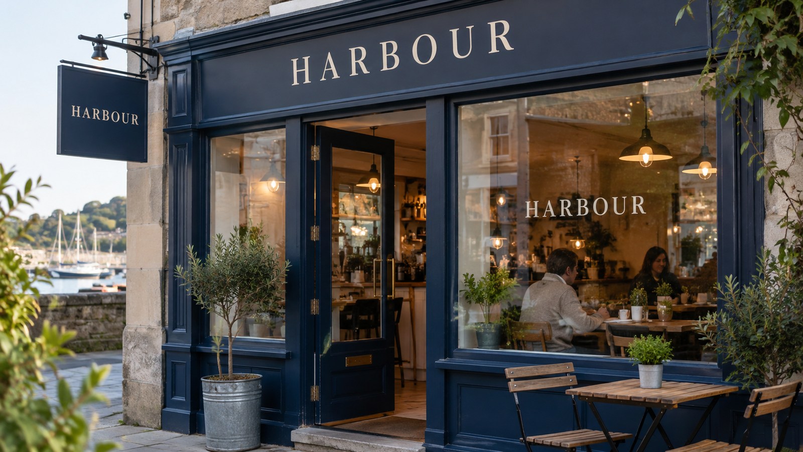 Fictional Harbour cafe name repeated on fascia window and projecting sign