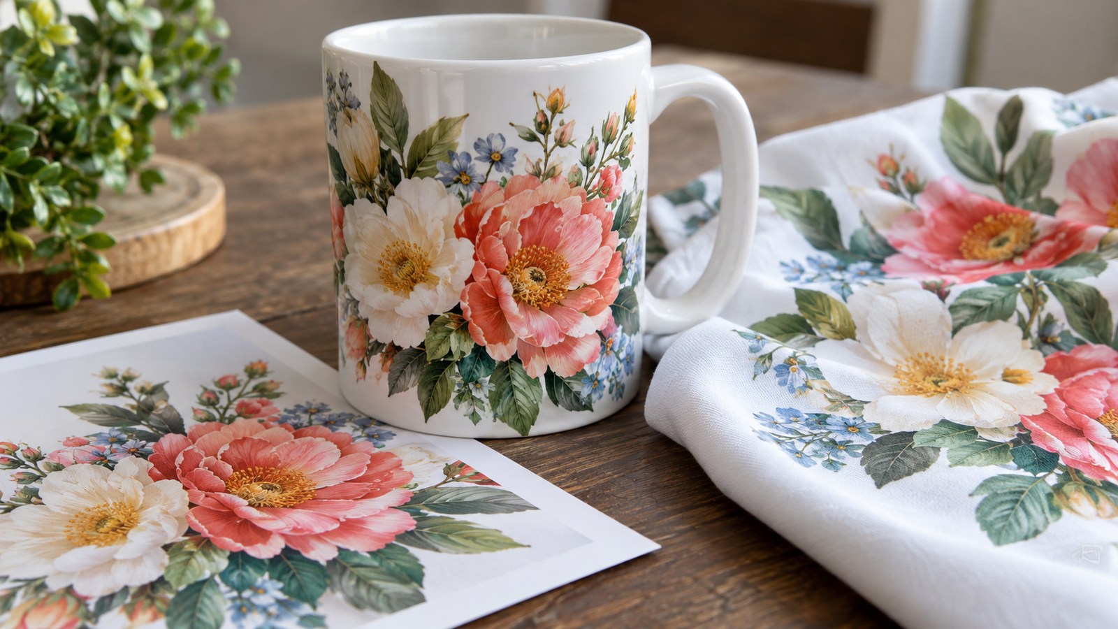 Original floral artwork on a mug transfer paper and fabric sample