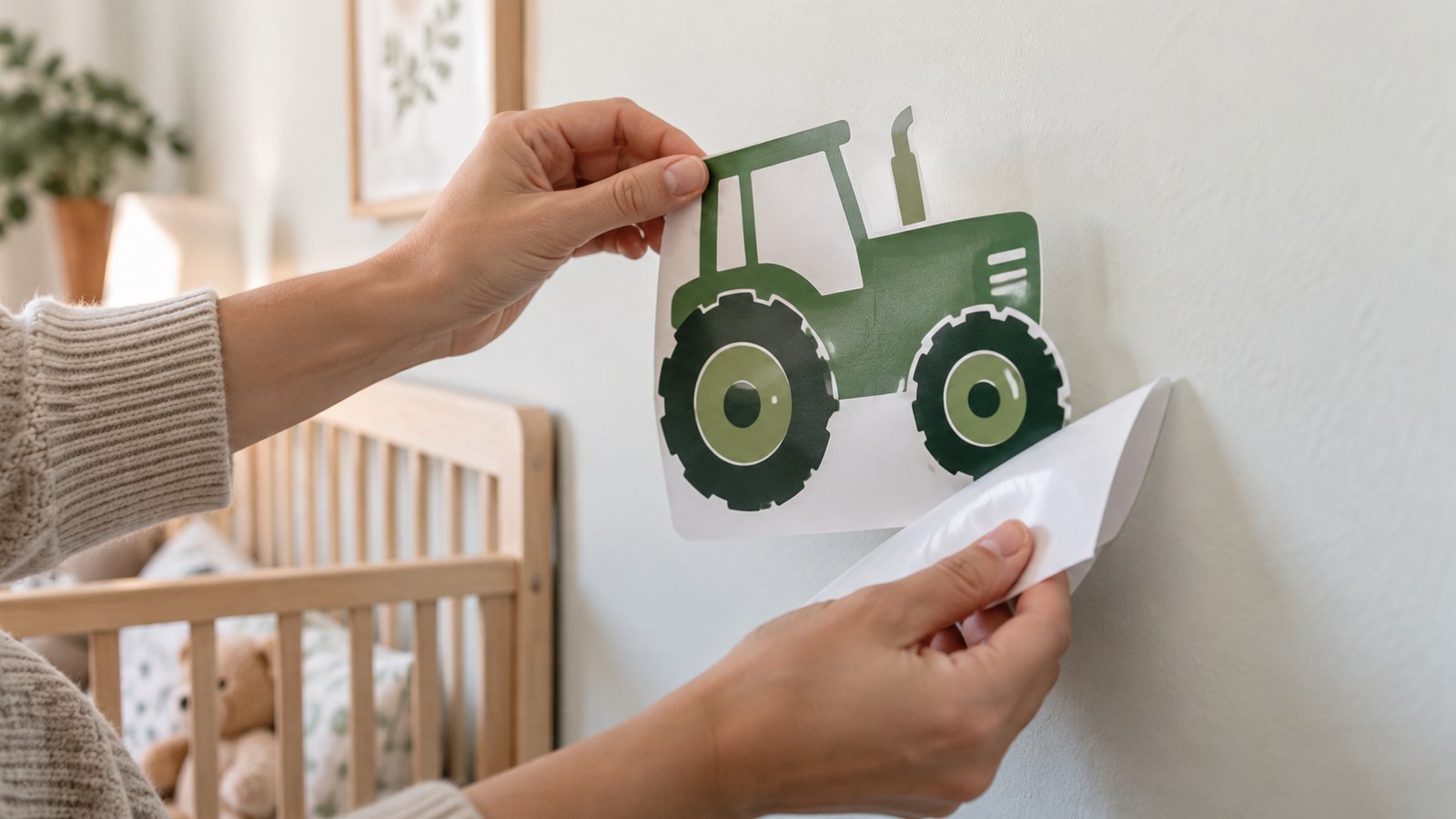 Hands peeling a generic tractor-shaped wall decal from backing
