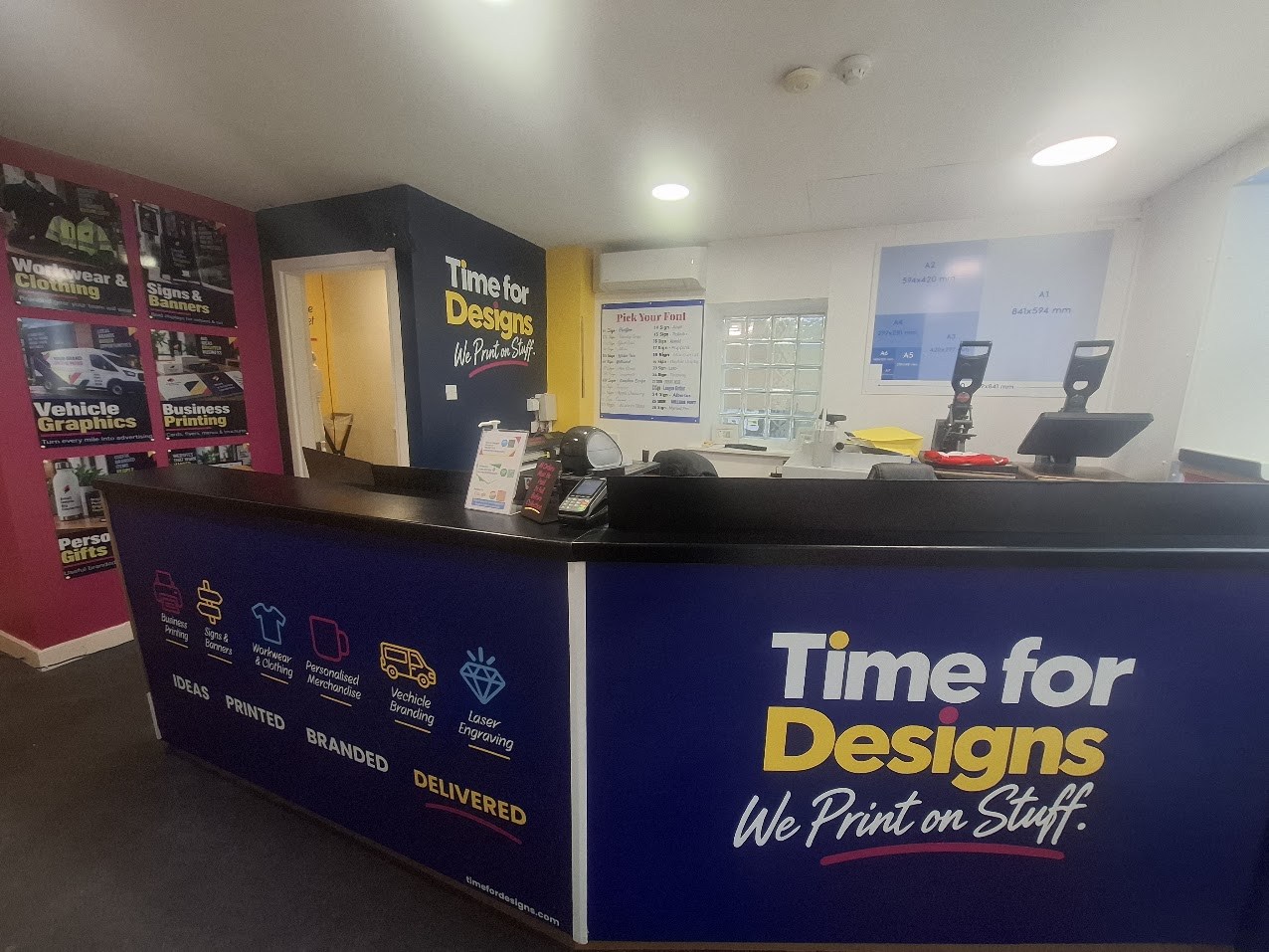 Time for Designs Cashel shop counter and printing workspace