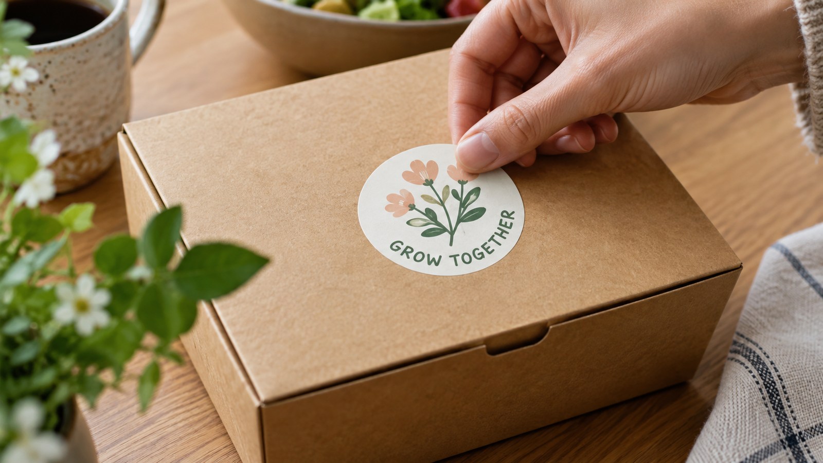 Hand placing a promotional floral sticker on a kraft box