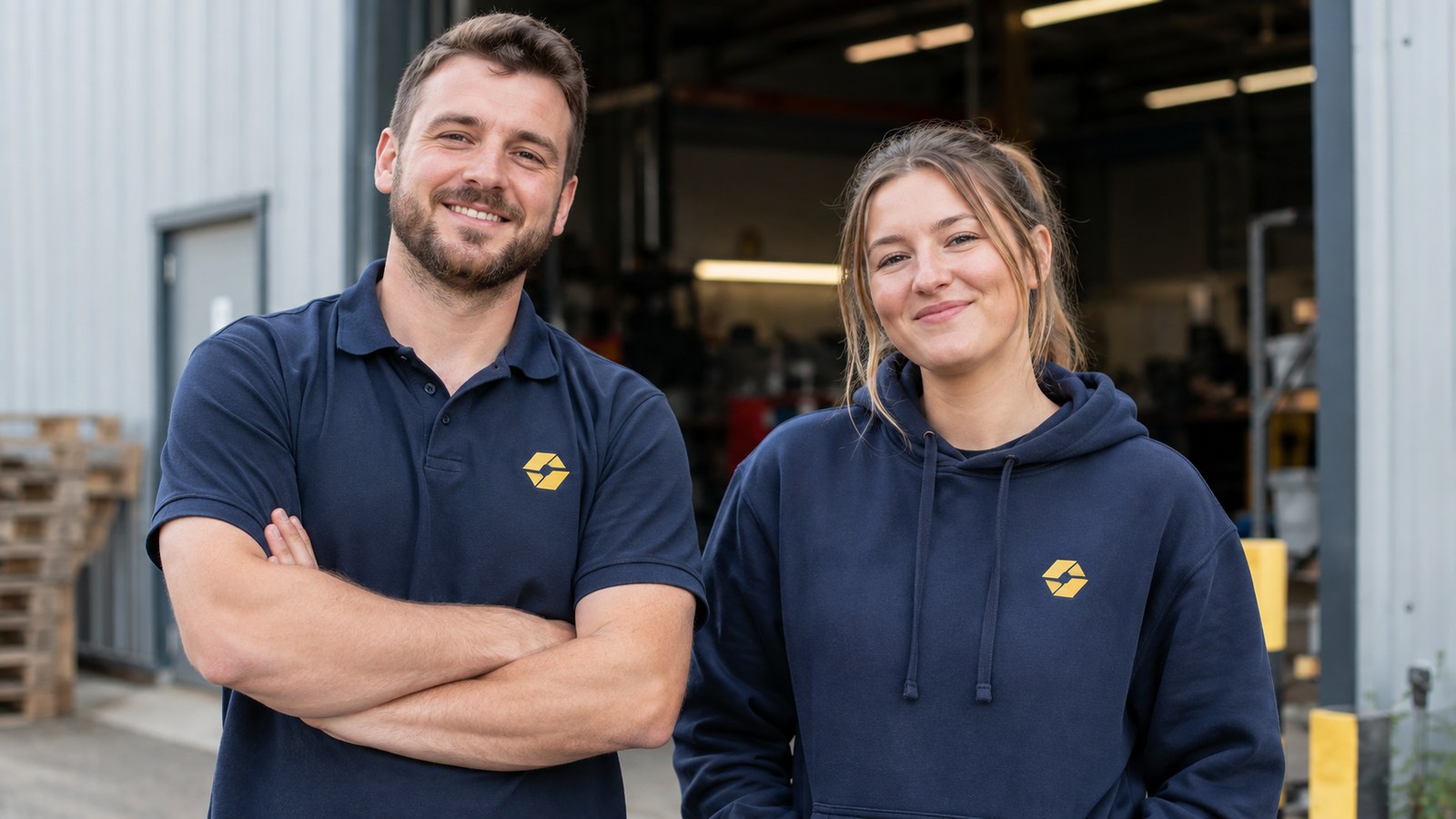 Fictional staff in a navy polo and hoodie with matching printed chest marks