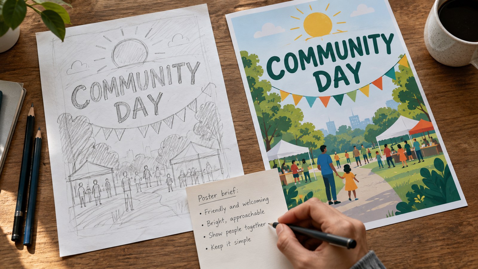 Rough community-event sketch beside a clearer poster and brief
