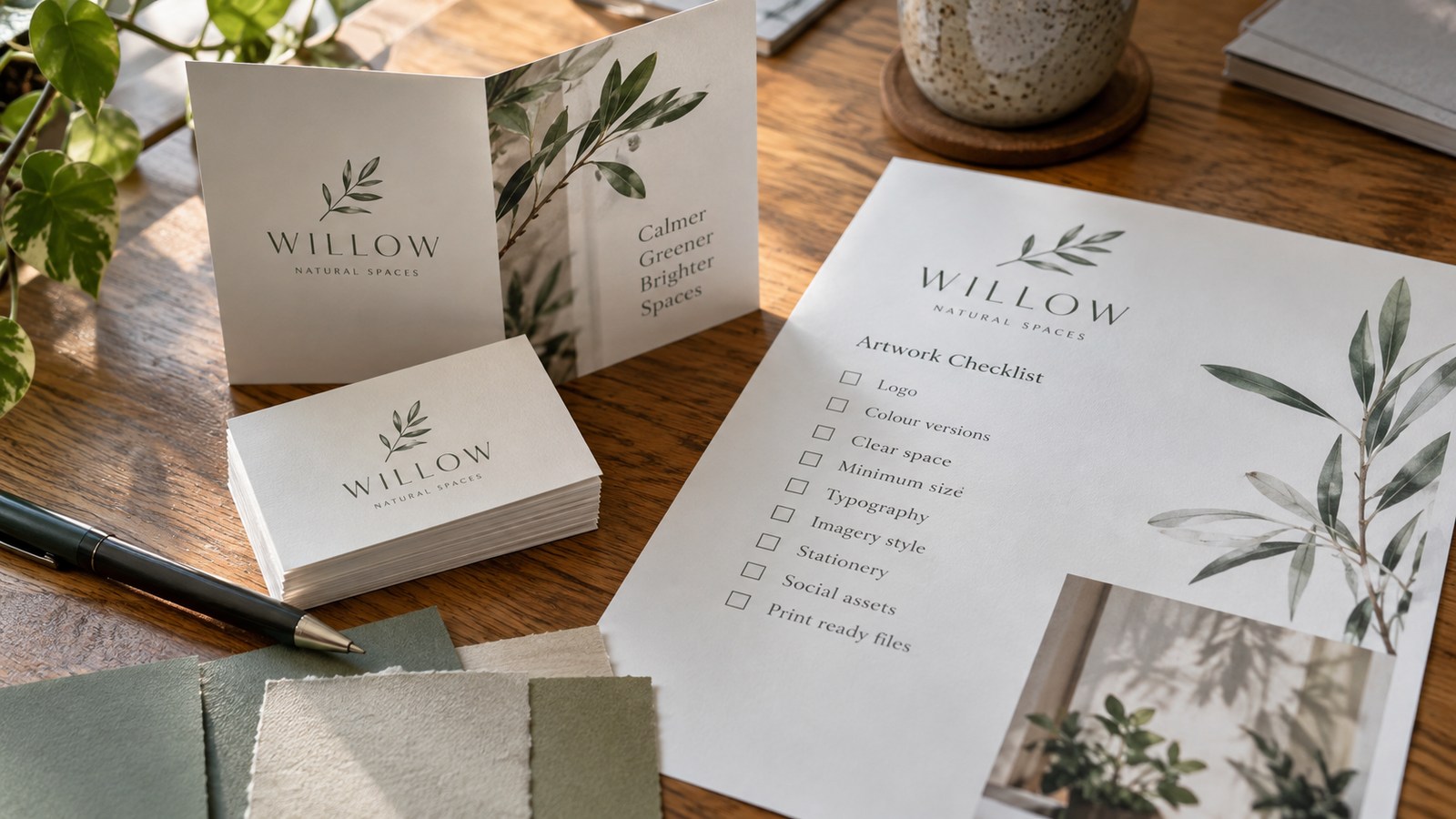 Fictional Willow printed samples beside an artwork checklist