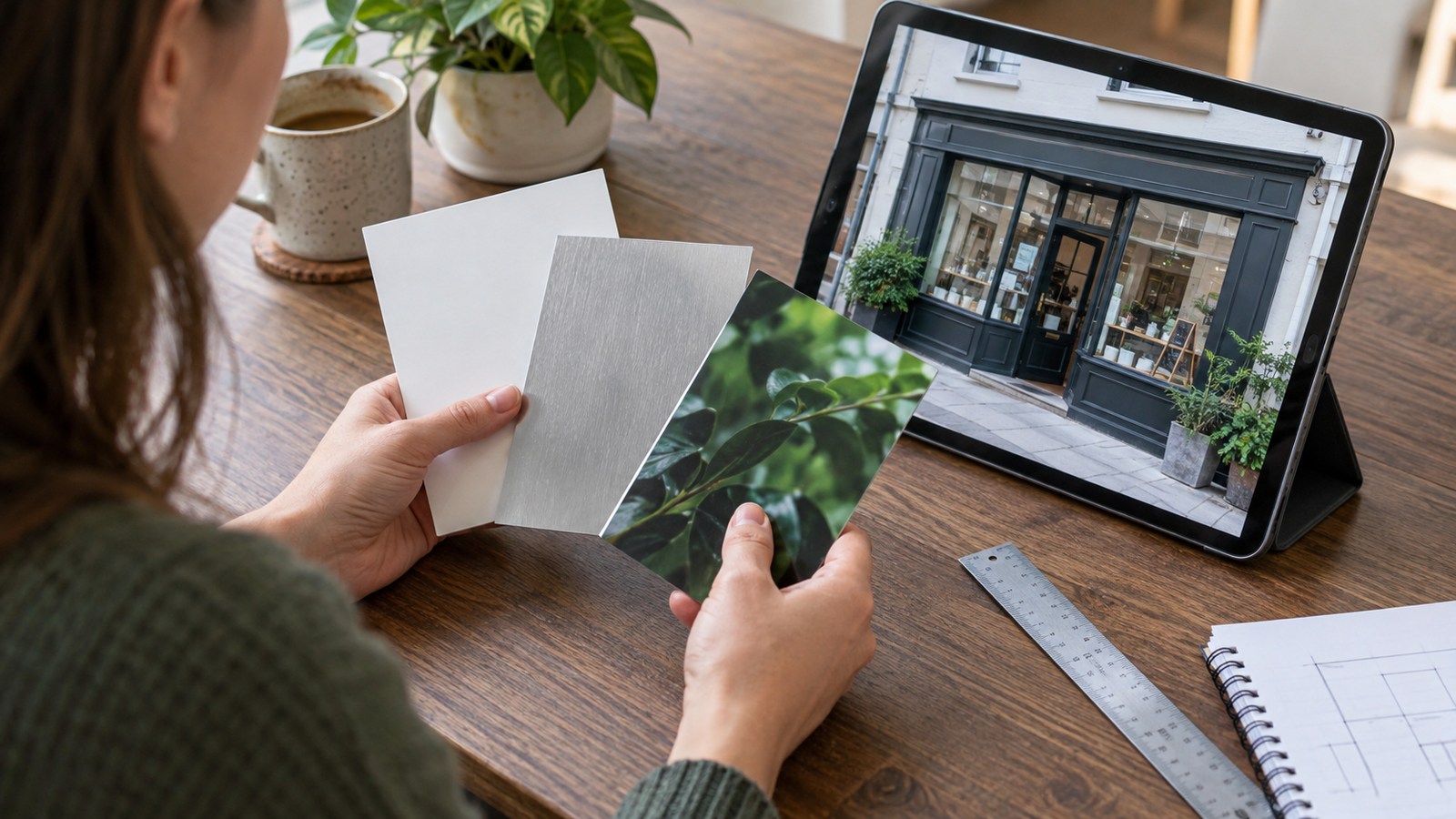 Hands comparing sample panels with a shopfront location photograph