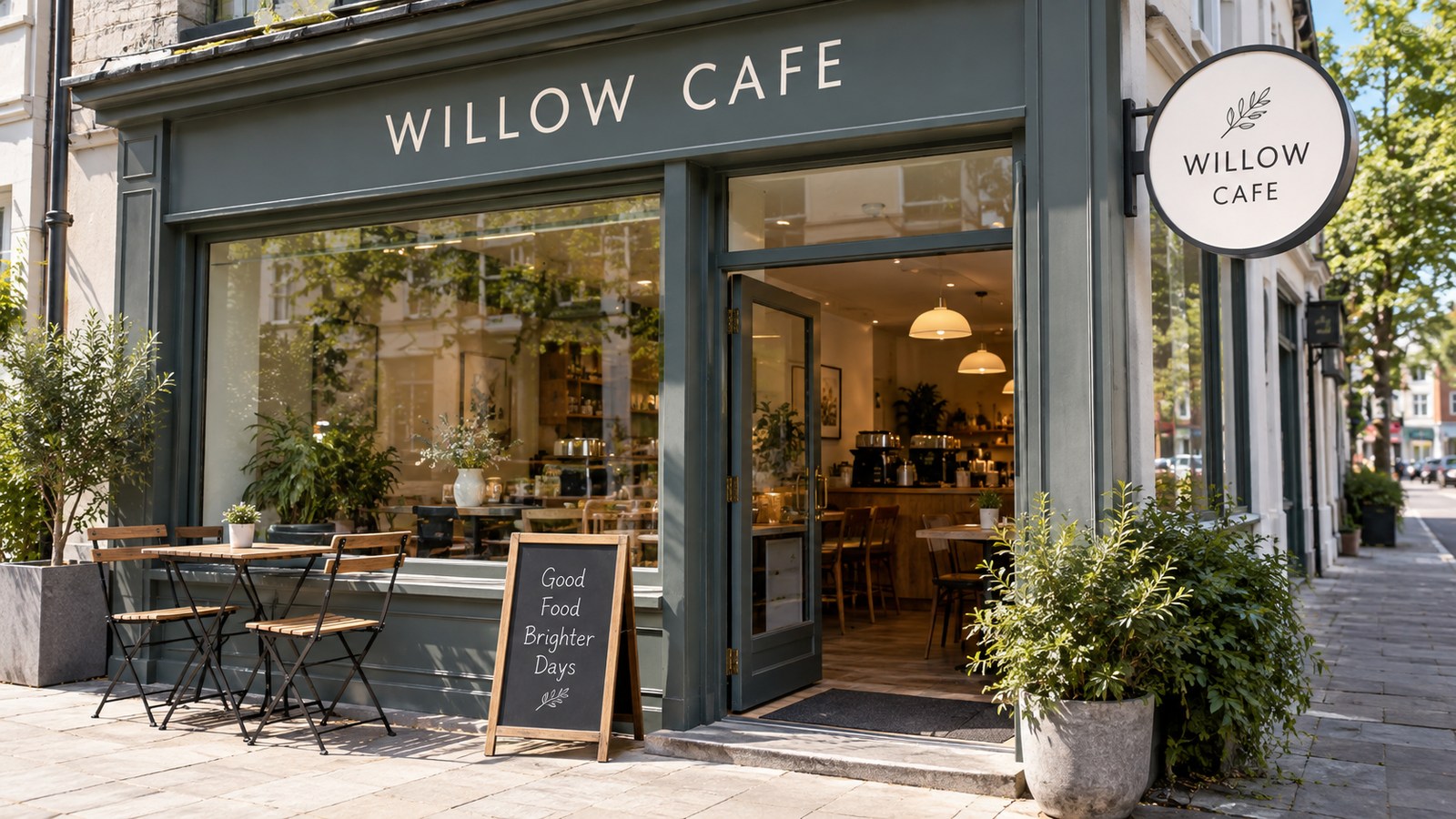 Fictional Willow Cafe shopfront with clear fascia and entrance
